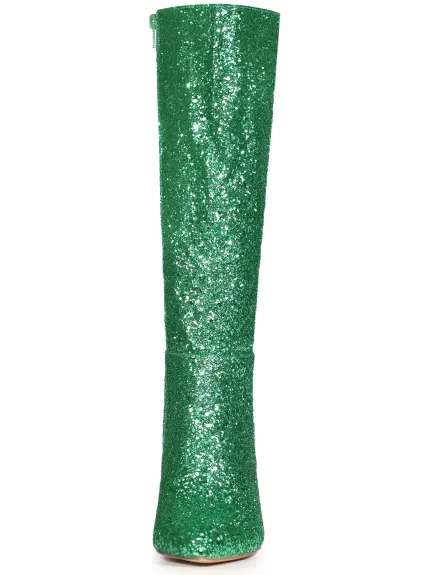 Allegra K - Glitter Stiletto Heel Knee High Boots