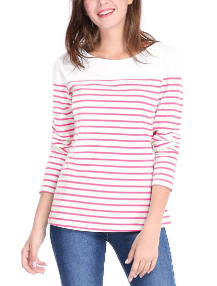 Allegra K- Color Block Long Sleeve Stripe T-Shirt