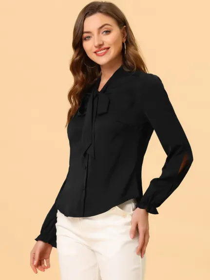 Allegra K - Elegant Bow Tie Neck Long Sleeve Shirt