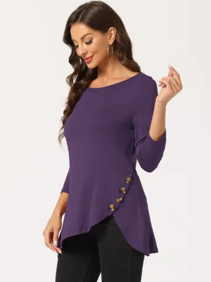 Allegra K- 3/4 Sleeve Tunic Asymmetry Button Top