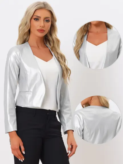 Allegra K - Faux Leather Open Front Crop Jackets