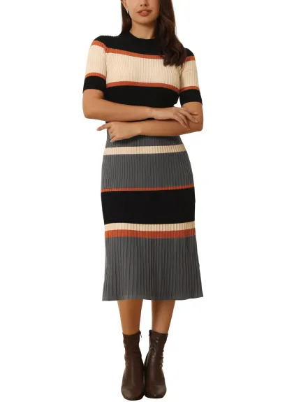 Hobemty- Short Sleeve Striped Knit A-Line Midi Dress