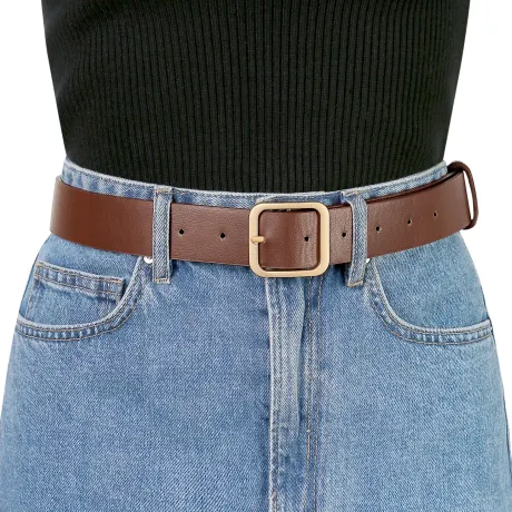 Allegra K- Square Pin Gold Buckle Wide Leather Waist Belt