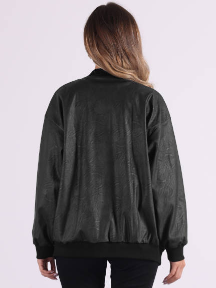 Allegra K - Faux Leather Zip Up Oversized Bomber Jacket