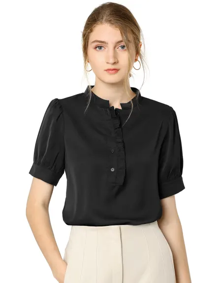 Allegra K - Puff Sleeve Chiffon Half Placket Top