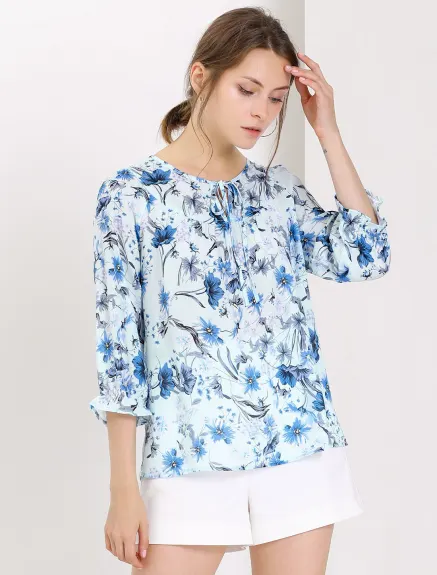 Allegra K- Tie V Neck Ruffled 3/4 Sleeve Floral Blouse