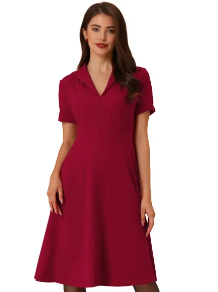 Allegra K- Vintage Flat Collar Short Sleeve Fit and Flare Dress