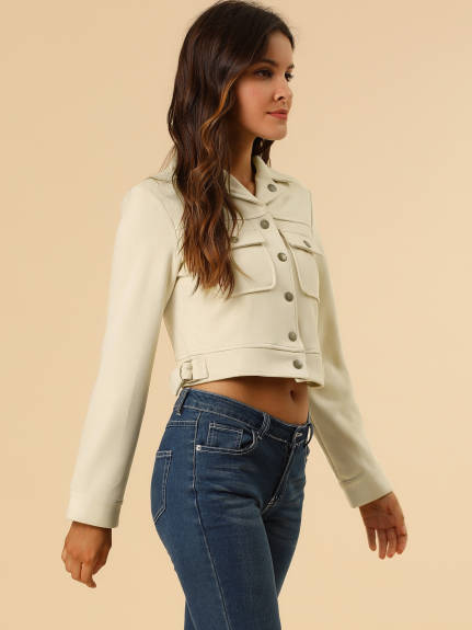 Allegra K- Faux Suede Notched Collar Button Up Cropped Jacket