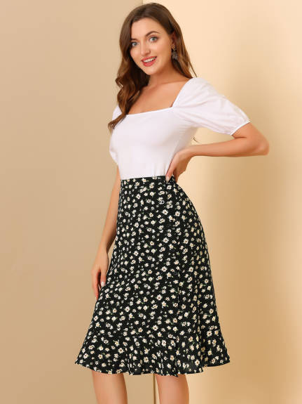 Allegra K- Floral Ruffle A-Line Split Midi Skirt