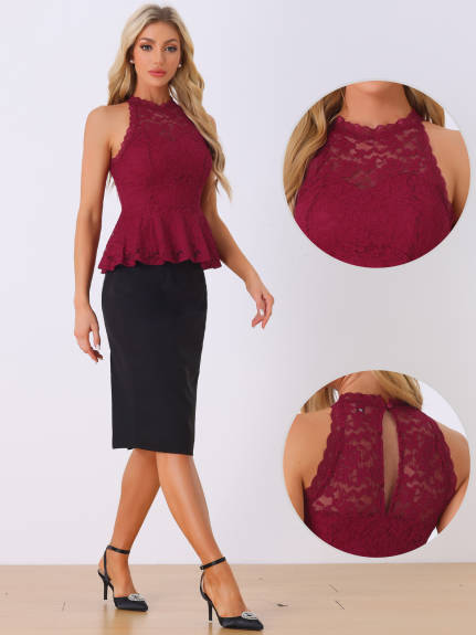 Allegra K- Sweetheart Neck Sleeveless Lace Peplum Top