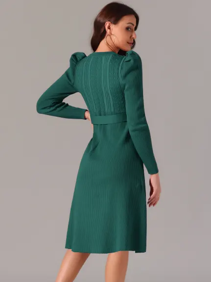 INSPIRE CHIC - Puff Long Sleeve Tie Waist Midi Dress