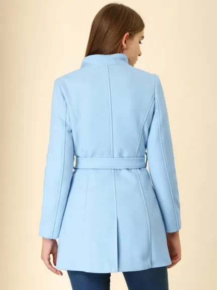 Allegra K- Classic Stand Collar Belted Long Coat