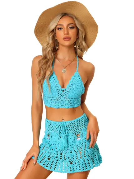 Allegra K- 2 Pieces Crochet Bikini Set Hollow Out Cami Top Mini Skirt