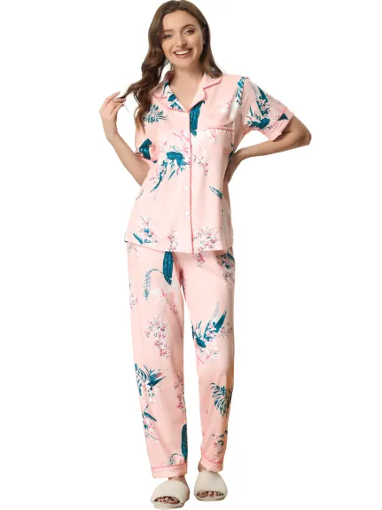 cheibear - Button Down Satin Floral Summer Pajamas Set