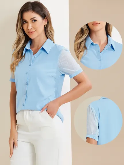 Allegra K- Button Down Sheer Point Collar Top