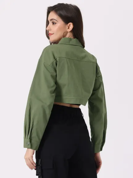 Allegra K- Button Long Sleeve Chambray Cargo Crop Jackets