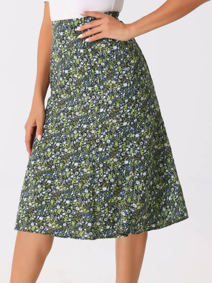 Allegra K- Elastic Waist A-Line Midi Leave Print Skirt