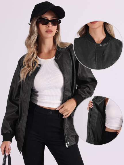 Allegra K - Faux Leather Zip Up Oversized Bomber Jacket