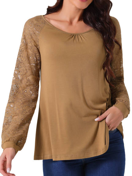 INSPIRE CHIC - Lace Long Sleeve Crewneck Fall Blouse