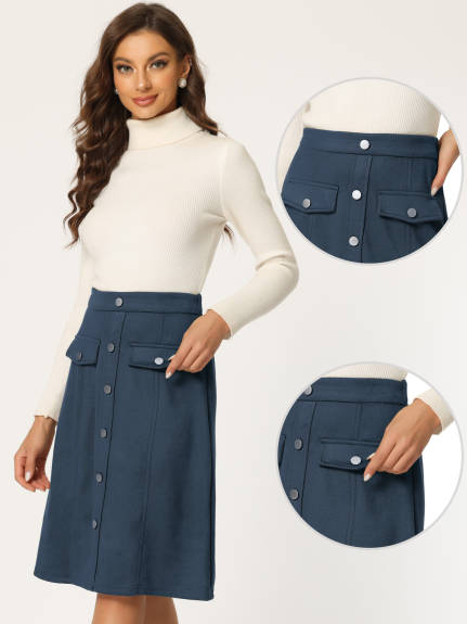 Allegra K- Suede Button Pockets Decor A-Line Skirt