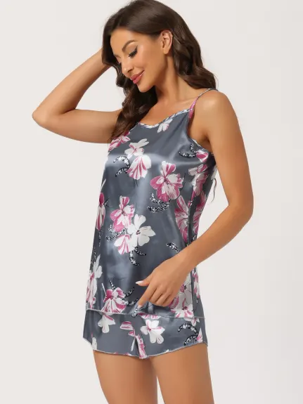 cheibear - Satin Pajama Summer Floral Camisole with Shorts