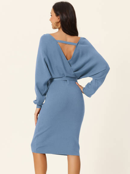 Allegra K - Deep Wrap V Neck Belted Sweater Dress