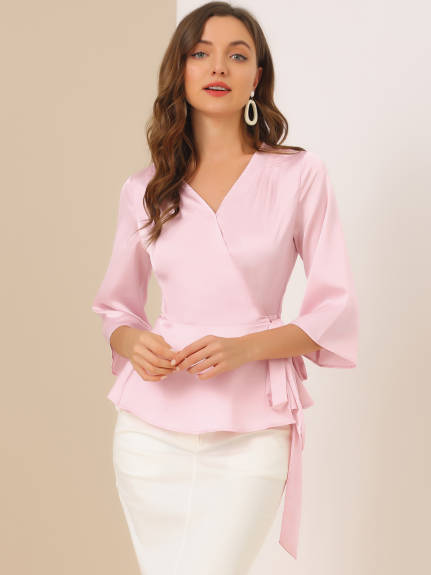 Allegra K- Bow Tie Waist Satin 3/4 Sleeve Wrap Peplum Blouse