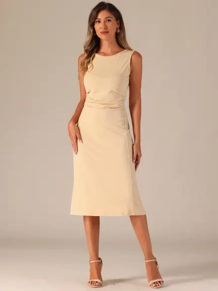 Allegra K- Ruched Crew Neck Sleeveless Midi Dress