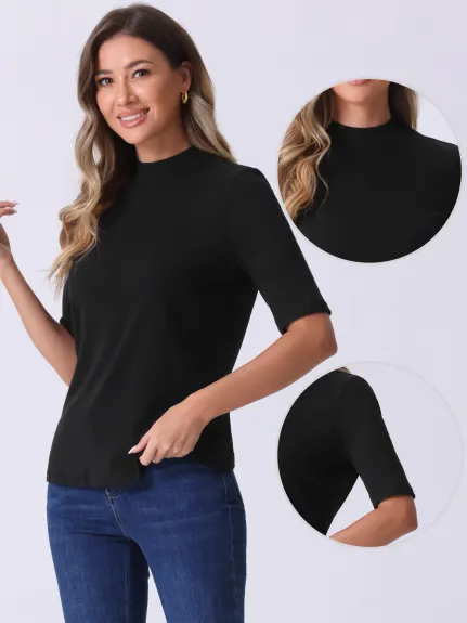 Allegra K - Elbow Length Turtleneck Half Sleeve Top