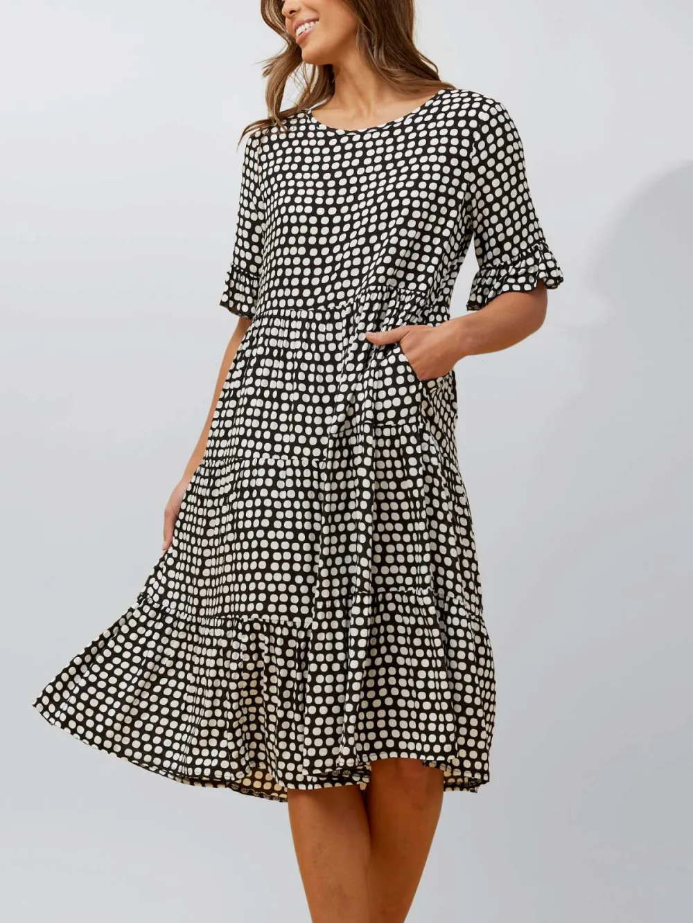 Annick - Vanessa Midi Dress A-Line Polka Dot Tiered Skirt