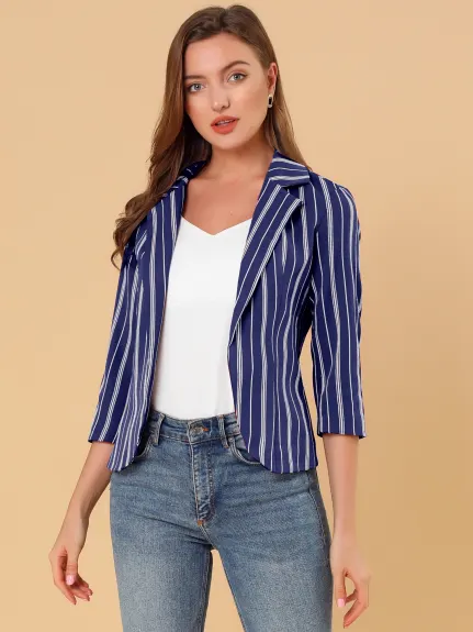 Allegra K- Casual Striped 3/4 Sleeves Open Front Notched Lapel Blazer