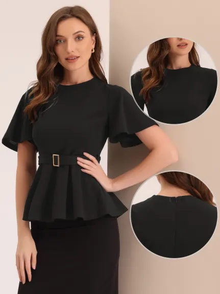 Allegra K - Bell Sleeve Belted Waist Peplum Top