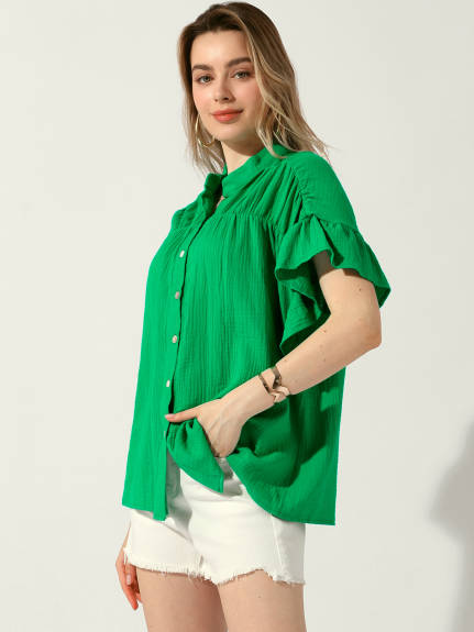 Allegra K - Button Up Textured Ruffle Sleeve Blouse