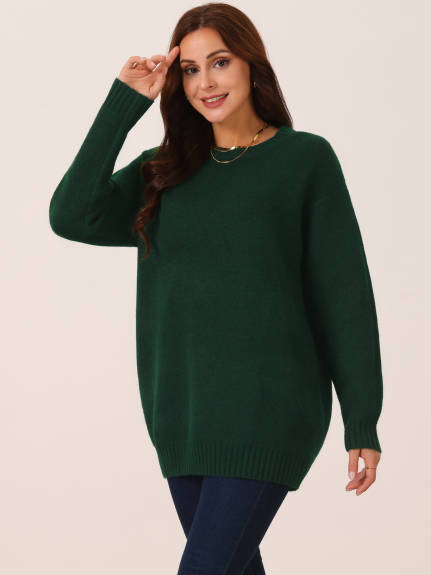 Allegra K- Round Neck Pullover Sweater with Pockets