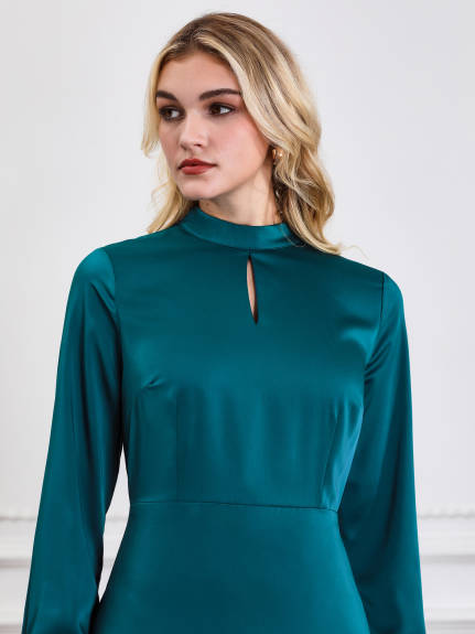 Hobemty - Solid Mock Neck Elegant Midi Dress