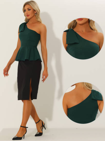 Allegra K- One Shoulder Bow Ruffled Peplum Top