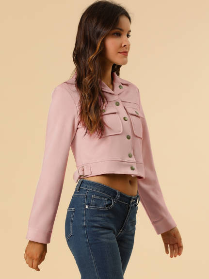 Allegra K- Faux Suede Notched Collar Button Up Cropped Jacket