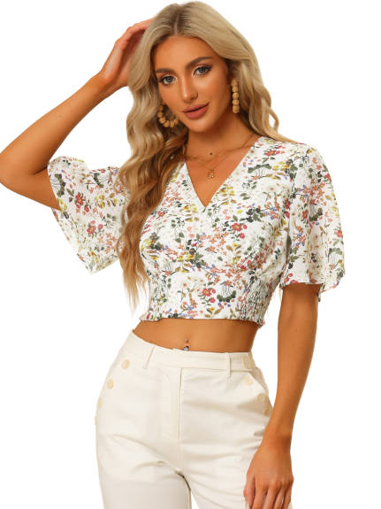 Allegra K - Floral V Neck Smocked Crop Top