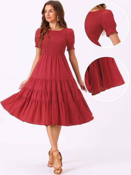 Allegra K- Peasant Smocked Short Sleeve Midi Tiered A-Line Dress