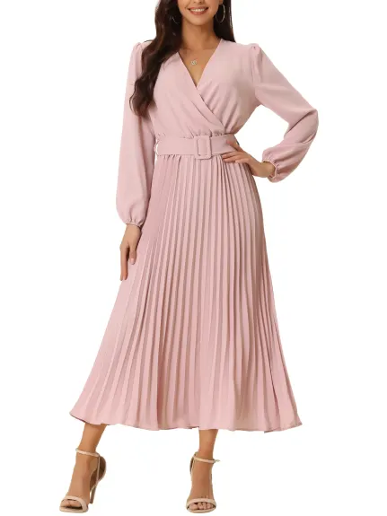 Allegra K- Pleated Puff Long Sleeve V Neck Belt Waist Midi Dress