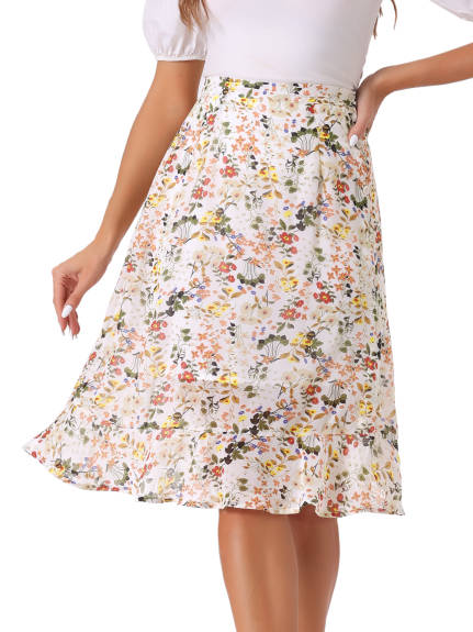 Allegra K- Floral Ruffle A-Line Split Midi Skirt