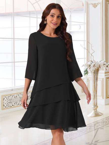 Allegra K - Chiffon Crewneck Tiered Layered Dress