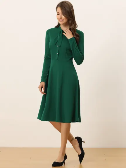 Allegra K- Tie Neck Knit Long Sleeve Midi Sheath Dress