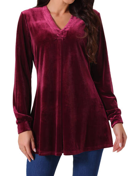 Allegra K - Velvet V Neck Long Sleeve Blouse