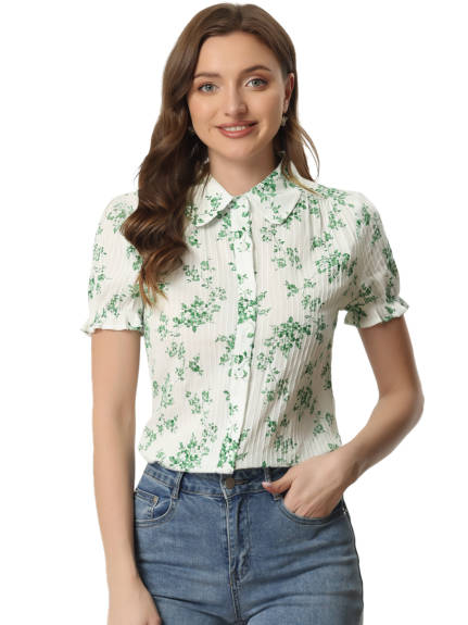 Allegra K - Frilled Short Sleeve Floral Cotton Shirt