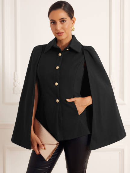 Allegra K - Split Sleeve Button Front Blazer Cape Coat