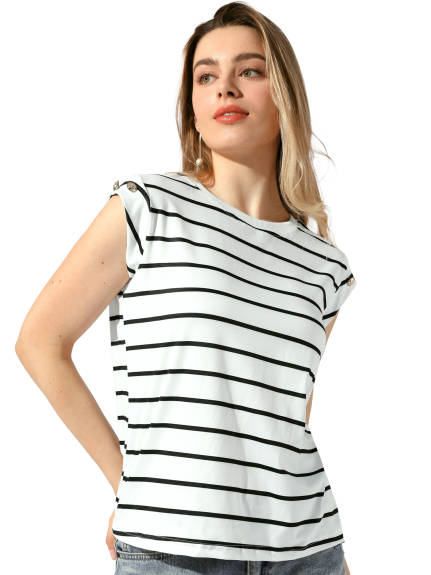 Allegra K - Crew Neck Striped Cap Sleeve Tops