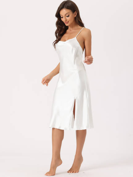 cheibear - Satin Backless Slit Midi Nightgown