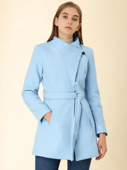 Allegra K- Classic Stand Collar Belted Long Coat