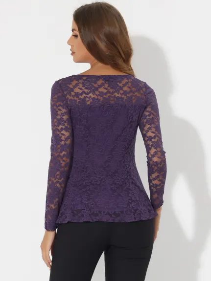 Allegra K - Long Sleeve Lace Sheer Peplum Top